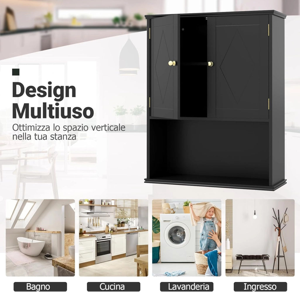 Mobile da Bagno da Parete, Mobiletto Salvaspazio a Muro a 2 Ante con Ripiano Aperto e Ripiano Regolabile, Armadietto per Cucina, Soggiorno e Ingresso, 60 x 21 x 75 cm (Nero)