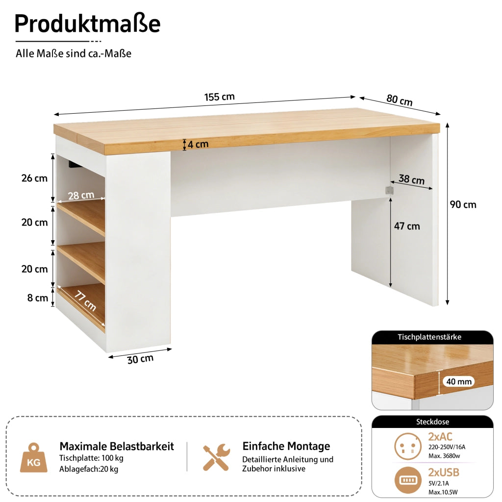 ISOLA DA CUCINA 155x80x90 cm Bianco MDF con LED, prese e vani aperti