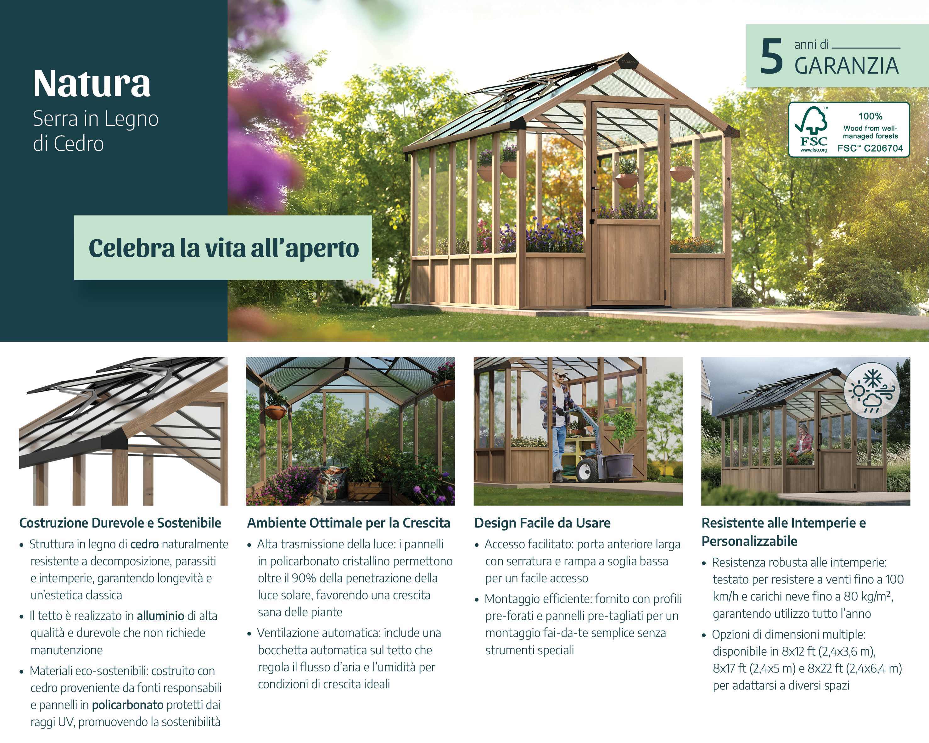 Canopia NATURA Doppio Strato Serra Da Giardino in Policarbonato  360X237.5X261 cm - Legno di cedro