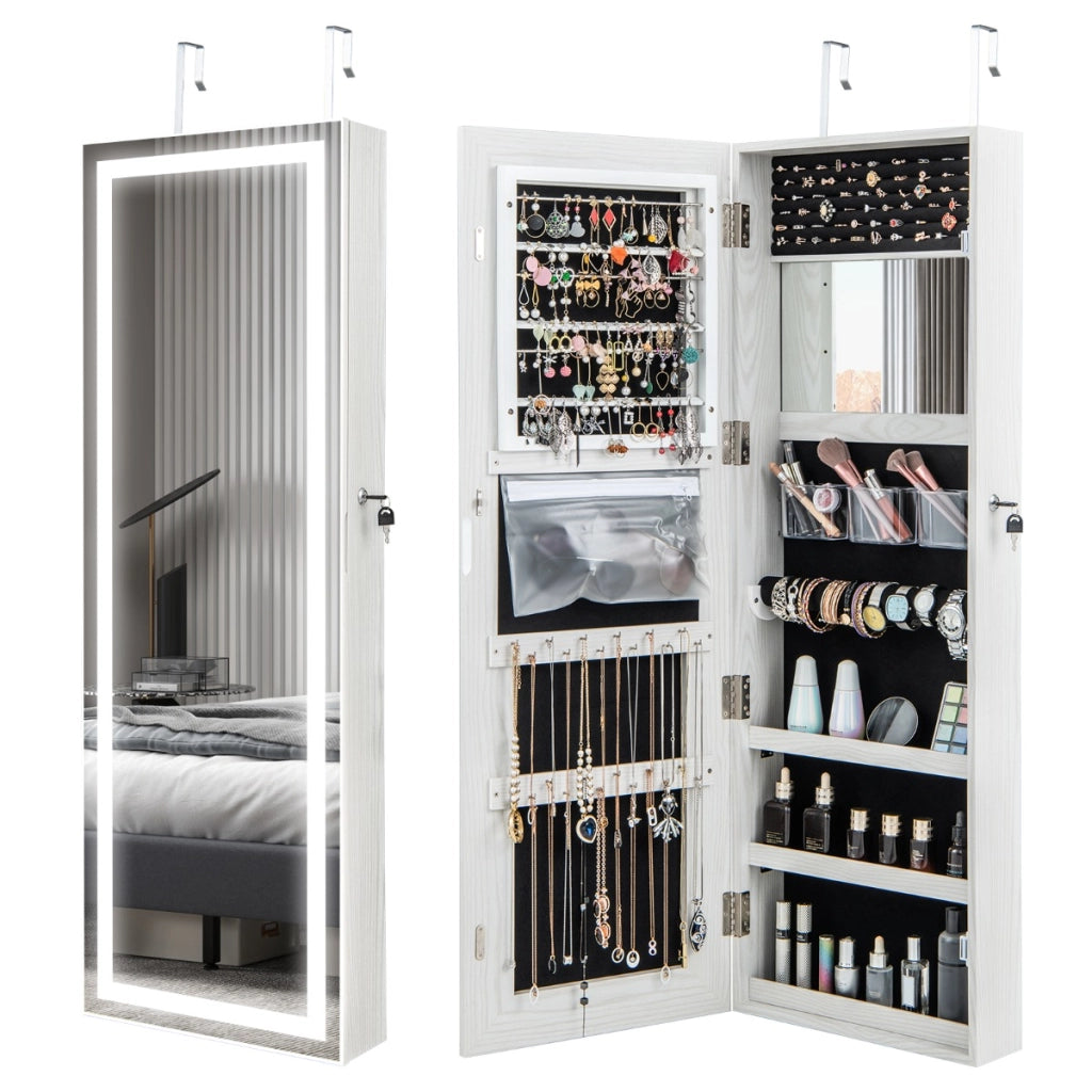 Armadietto portagioie con specchio a LED da 120cm, Appendibile alla porta o da parete con specchio interno Bianco-Armadietti per gioielli