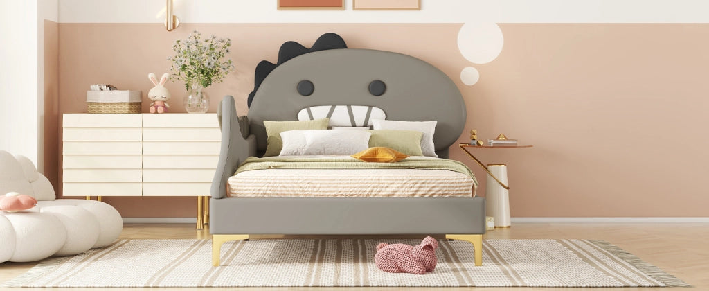 DESMIU Letto Bambino 90 × 200 cm 1 Posto con Testiera a Dinosauro, senza materasso, in PU e MDF, Grigio
