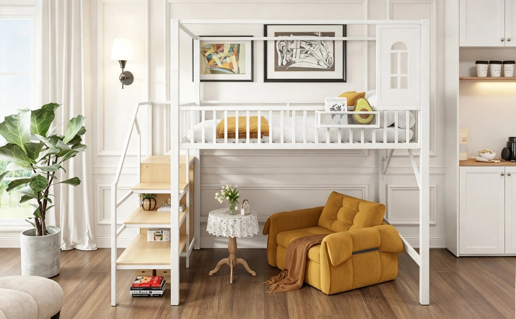 Letto a soppalco in metallo con struttura superiore e scala, 140x200 cm