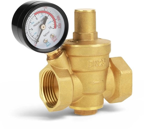 Regolatore di pressione in ottone 1 pollice - Flessibile tubo di rame - Manometro - Massima pressione 16 kg/cm² - Connettiore DN25 - Peso 504 g - Valvola di pressione dell'acqua