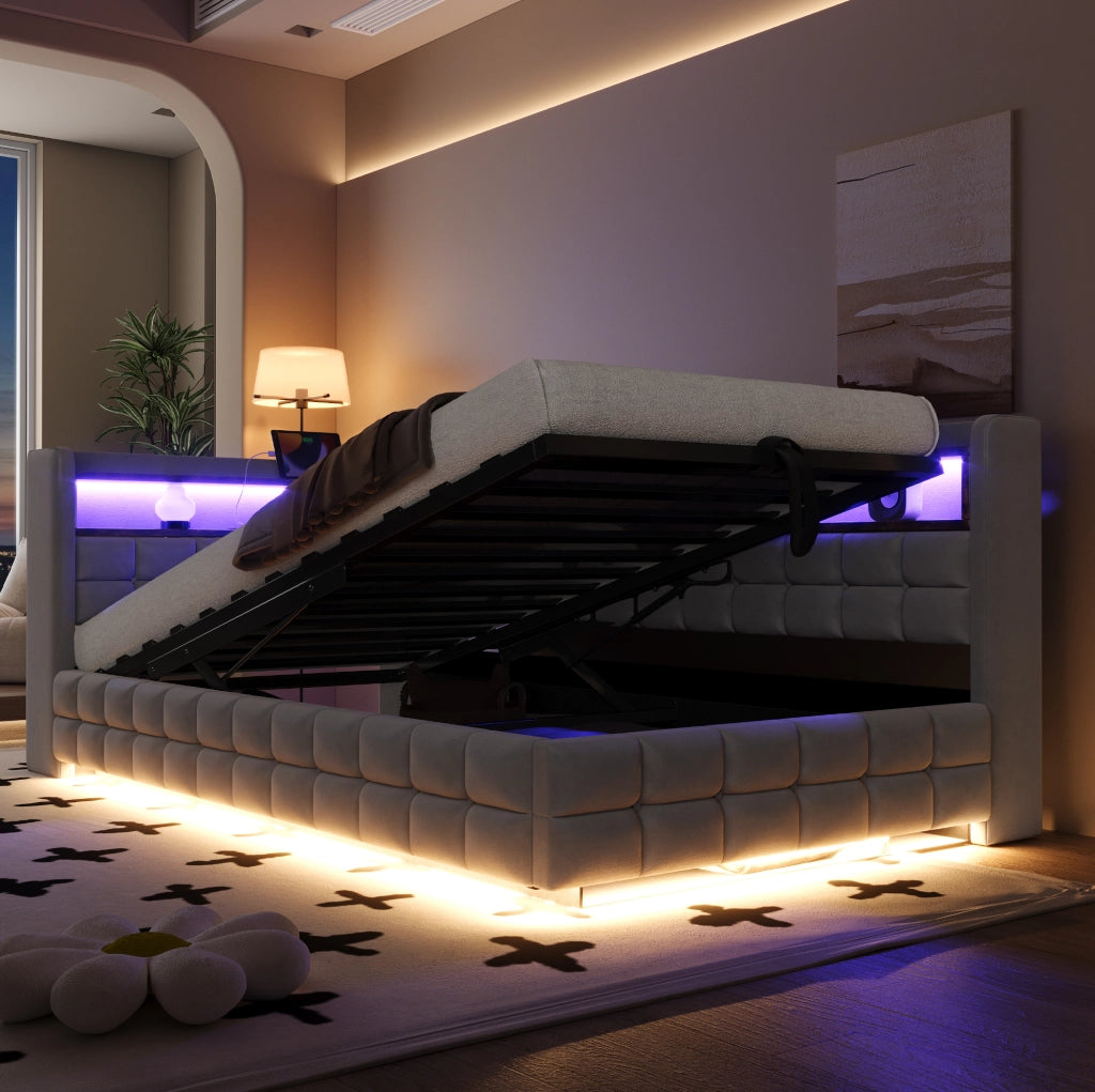 Letto imbottito multifunzione 90x200 cm in velluto grigio chiaro con contenitore; LED e prese
