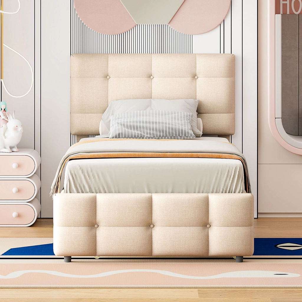 DESMIU Letto estraibile letto singolo 90 × 200 cm 2 posti con testiera regolabile, senza materasso, beige