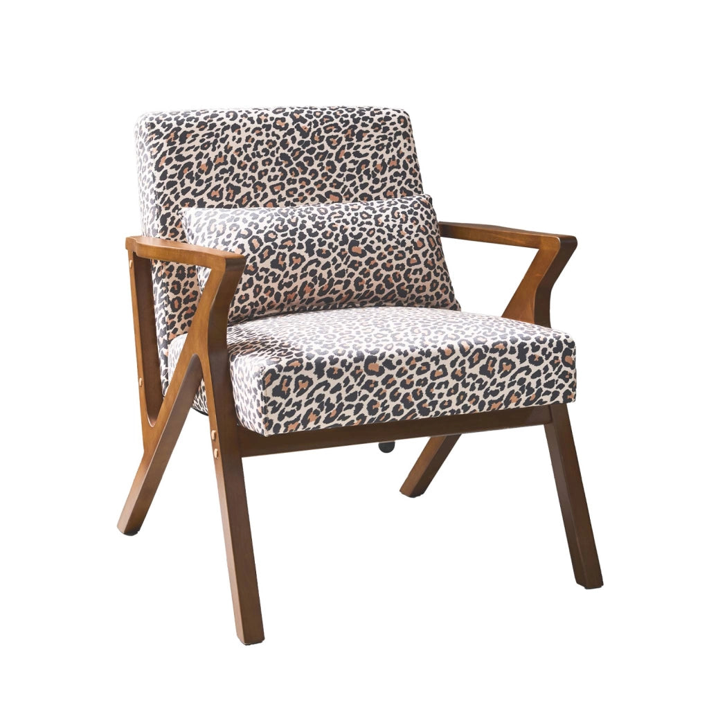 Poltrona scandinava in legno di hevea e stampa leopardo, leopardo