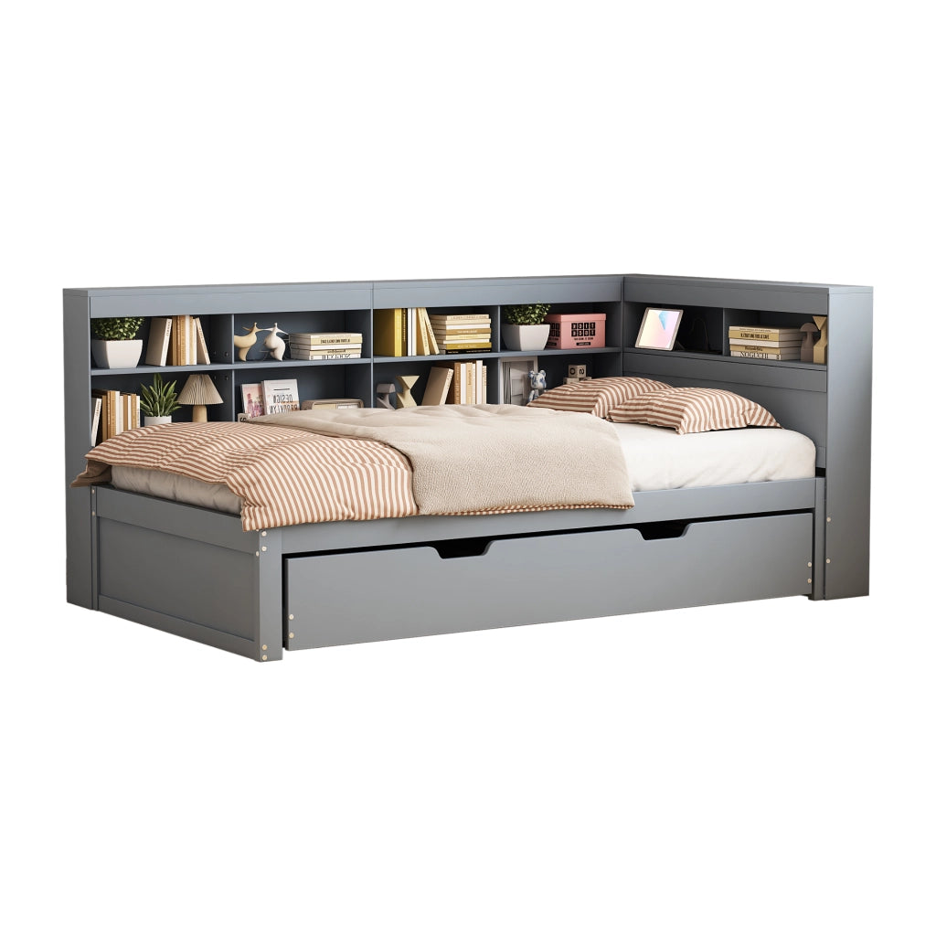 OKWISH Letto a Divanetto 90×200 cm, Letto Singolo con Letto Estraibile 90×190 cm, USB, Vani Contenitore e Mensole, senza Materasso, Grigio