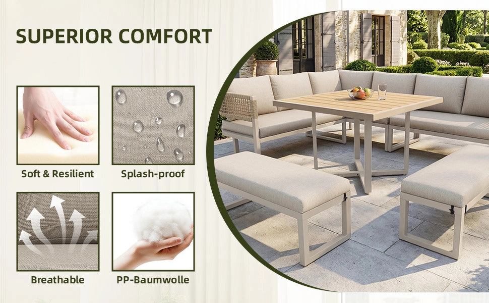 OKWISH Divano da esterno Salotto da giardino con Cuscini Fissi e Piedini Regolabili, Tavolo da Pranzo Metallo Tessuto Beige