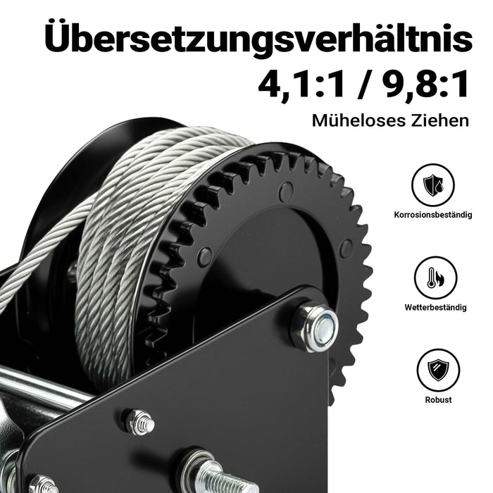 Argano manuale 1500kg fune 10m trasmissione 4:1 8:1 verricello