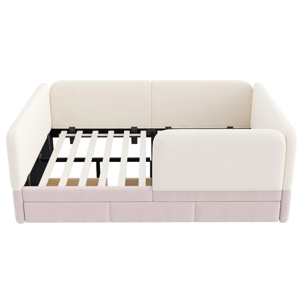 LETTO Bambini 140x200 cm in velluto Beige/Rosa con 3 cassetti