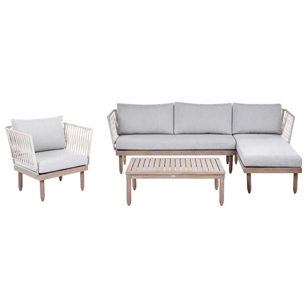 Set Lounge da Esterno in Legno di Acacia con Cuscini Grigi Poltrona in Finto Rattan Tavolino Sinistro 4 Posti