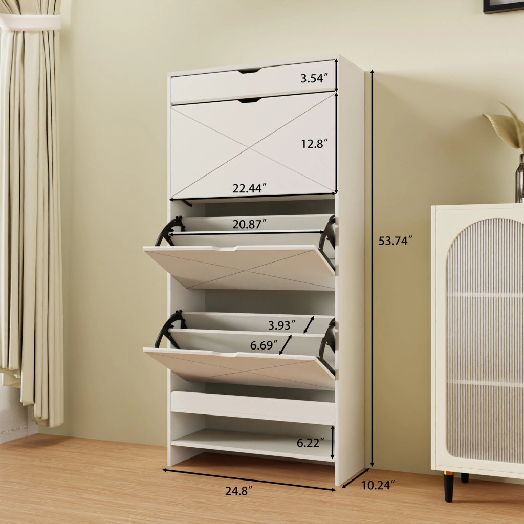Scarpiera con 3 ribalte e cassetto superiore, in MDF bianco, 2 livelli con ripiano estraibile