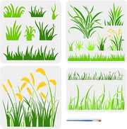 Kit di stencil per affreschi con pennello in plastica - Ridiseguibile - Tema piante - Affreschi su parete e legno - 4 stili - Disegno di grano - 4 pezzi