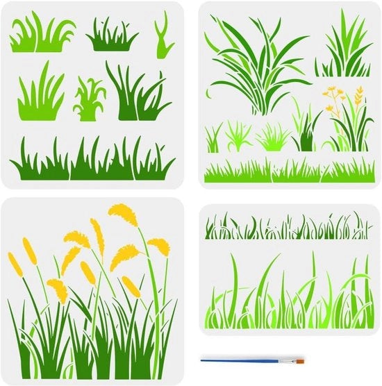 Kit di stencil per affreschi con pennello in plastica - Ridiseguibile - Tema piante - Affreschi su parete e legno - 4 stili - Disegno di grano - 4 pezzi