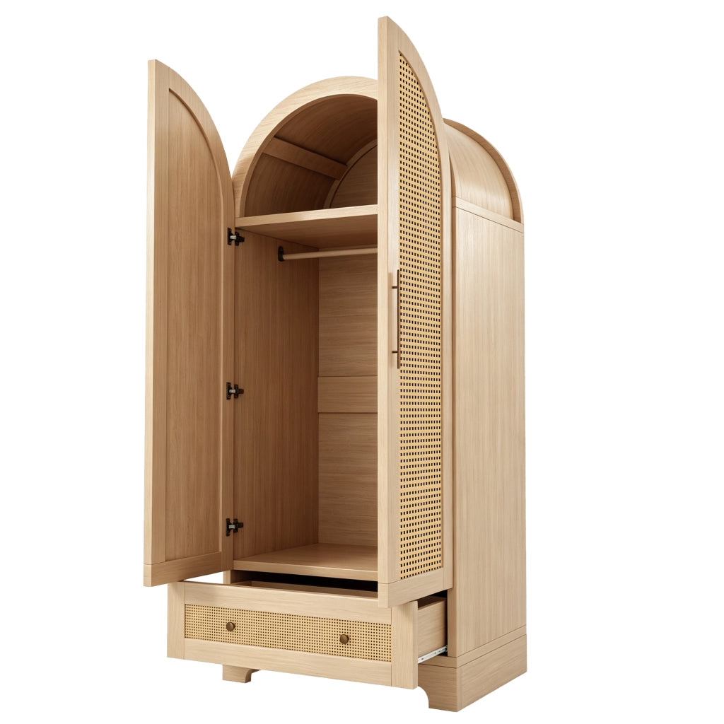Armadio con 2 ante e 2 cassetti, porte effetto rattan, per camera da letto, in legno, colore legno 70 × 55 × 170 cm