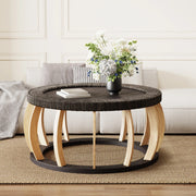 Tavolino basso rotondo in legno e MDF con gambe curve stile boho per soggiorno nero marrone 90 × 90 × 43 cm