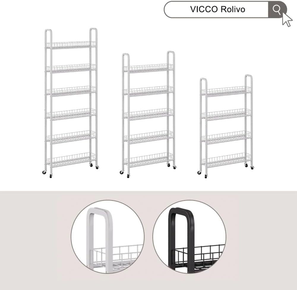 Piedistallo mobile Rolivo, Bianco, 58 x 15 cm con 6 scomparti, posizionabile in modo flessibile su ruote per spazi stretti