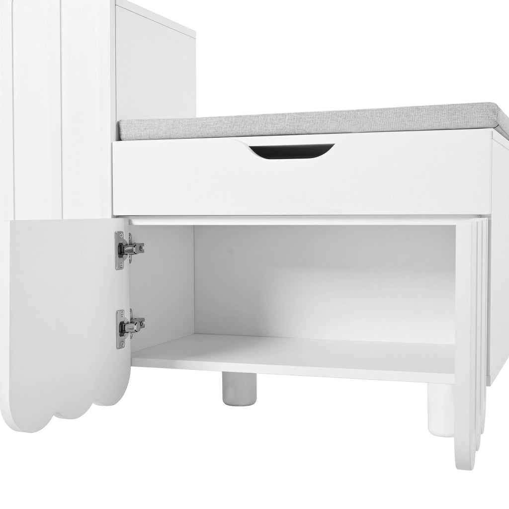 Scarpiera a 3 ante con cassetto e seduta imbottita in MDF bianco per ingresso 90 × 35 × 74,5 cm