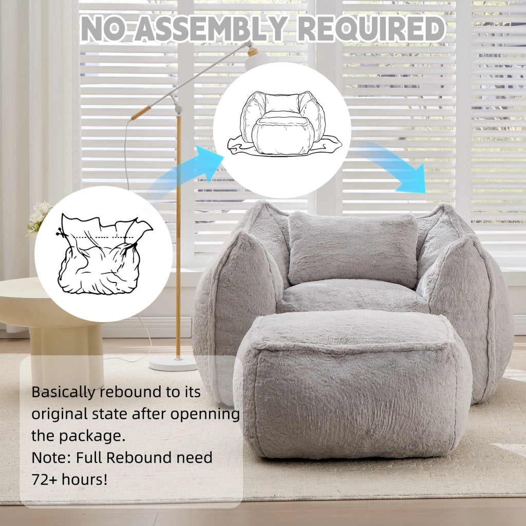 Pouf poltrona ergonomico con poggiapiedi e imbottitura in schiuma, per soggiorno, in pelliccia sintetica grigio