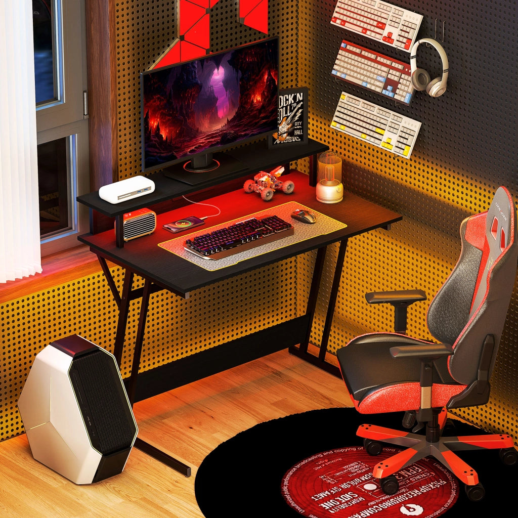 Scrivania Gaming con LED e Supporto Monitor ¨C Zephmum ¨C Nero 100x60x75 cm