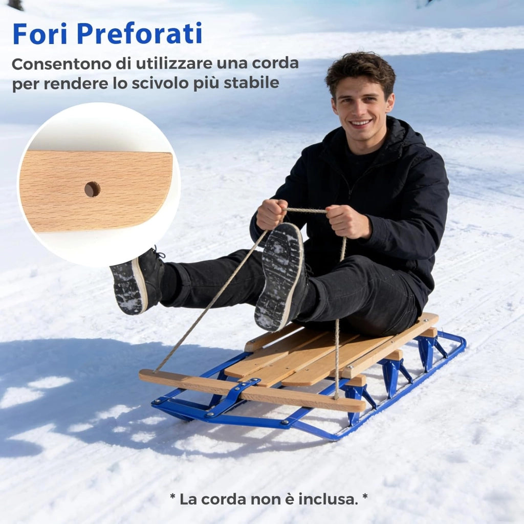 Slittino da Neve, Slittino per Bambini e Adulti con Barra di Direzione, Fori Preforati e Maniglie, Slitta da Neve in Legno e Metallo Vernicato, Carico Massimo 150 kg
