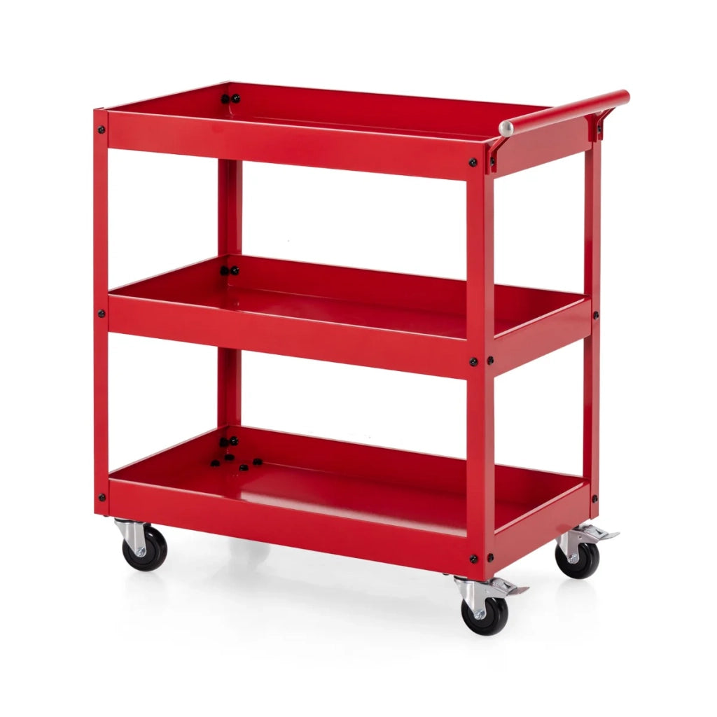 Carrello di servizio a 3 ripiani 77,5 x 38 x 79 cm versatile con maniglia ergonomica e ruote rosse in metallo e PU 20_0017652
