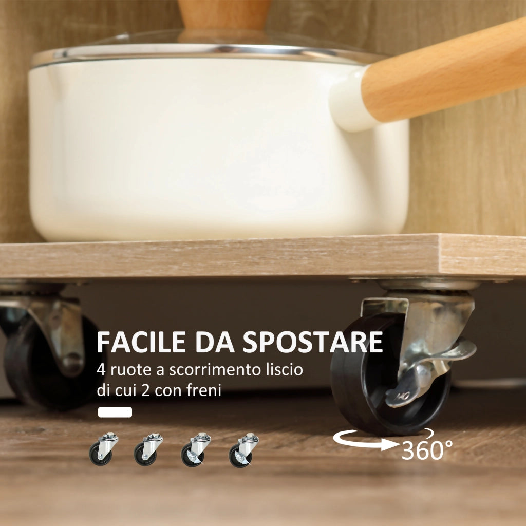 Carrello da Cucina Portavivande con Cassetto, Ripiani e Armadietto in Legno, Acciaio e Vetro, 65x39x80cm
