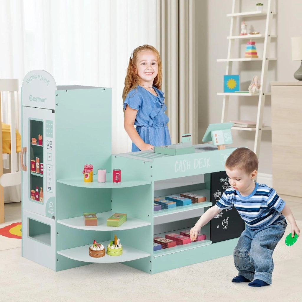 Negozio Alimentare per Bambini, Set di Giocattoli Supermercato in Legno con Cassa, Macchina POS, Distributore Automatico, Lavagna Scrivibile, per Bambini 3-8 Anni (Verde)
