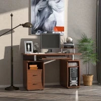 Scrivania per Computer Moderna Porta PC in Legno con Cassetti, Scrivania Salvaspazio Con Libreria, Mensola Estraibile e Porta Tastiera, 120x55x85cm, Marrone