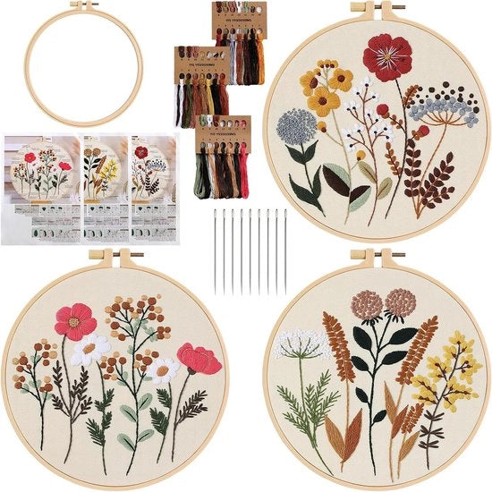 Set di cucito premium per principianti - 3-set di aghi da crocetto - Insegne in legno - Filo e ago - Set di punte di ago - Adulti - Fiori.