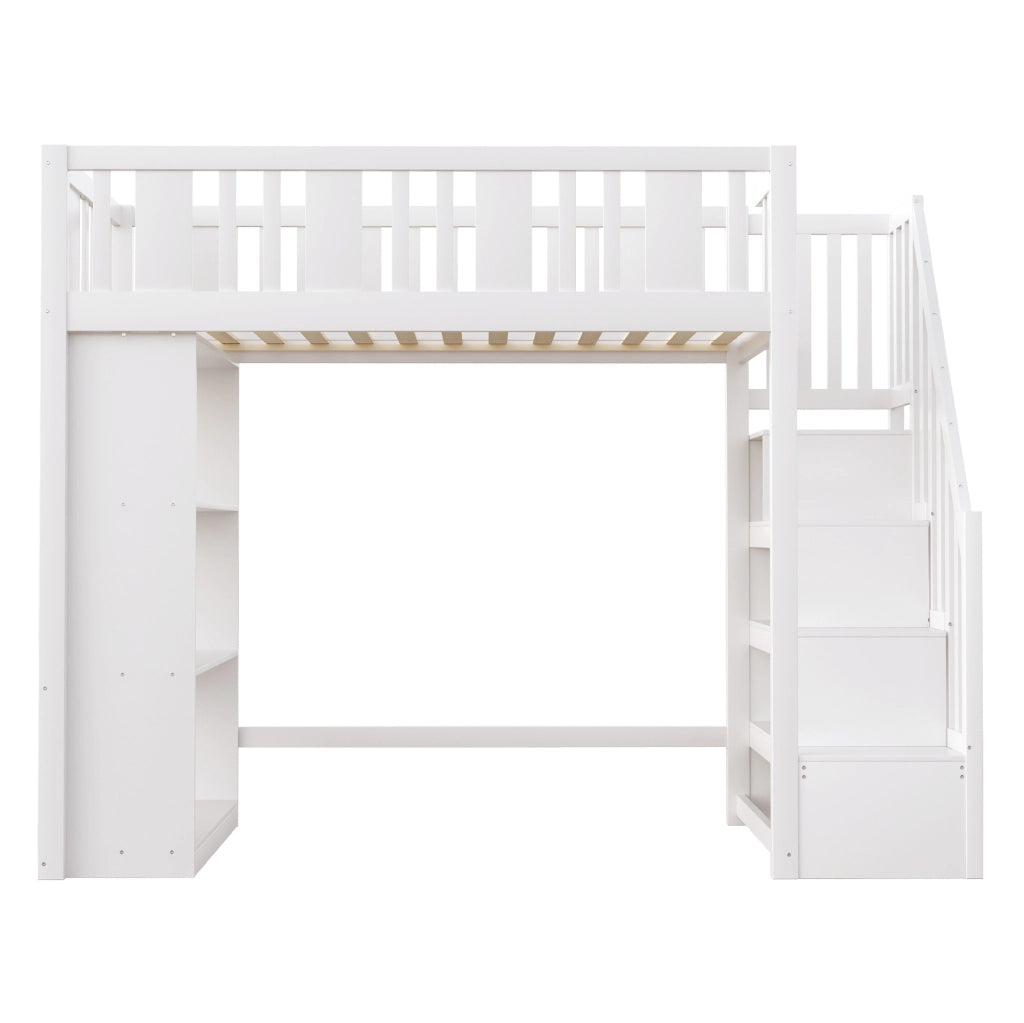 Letto a soppalco 90x200 cm con scala contenitore e 15 doghe in legno bianco