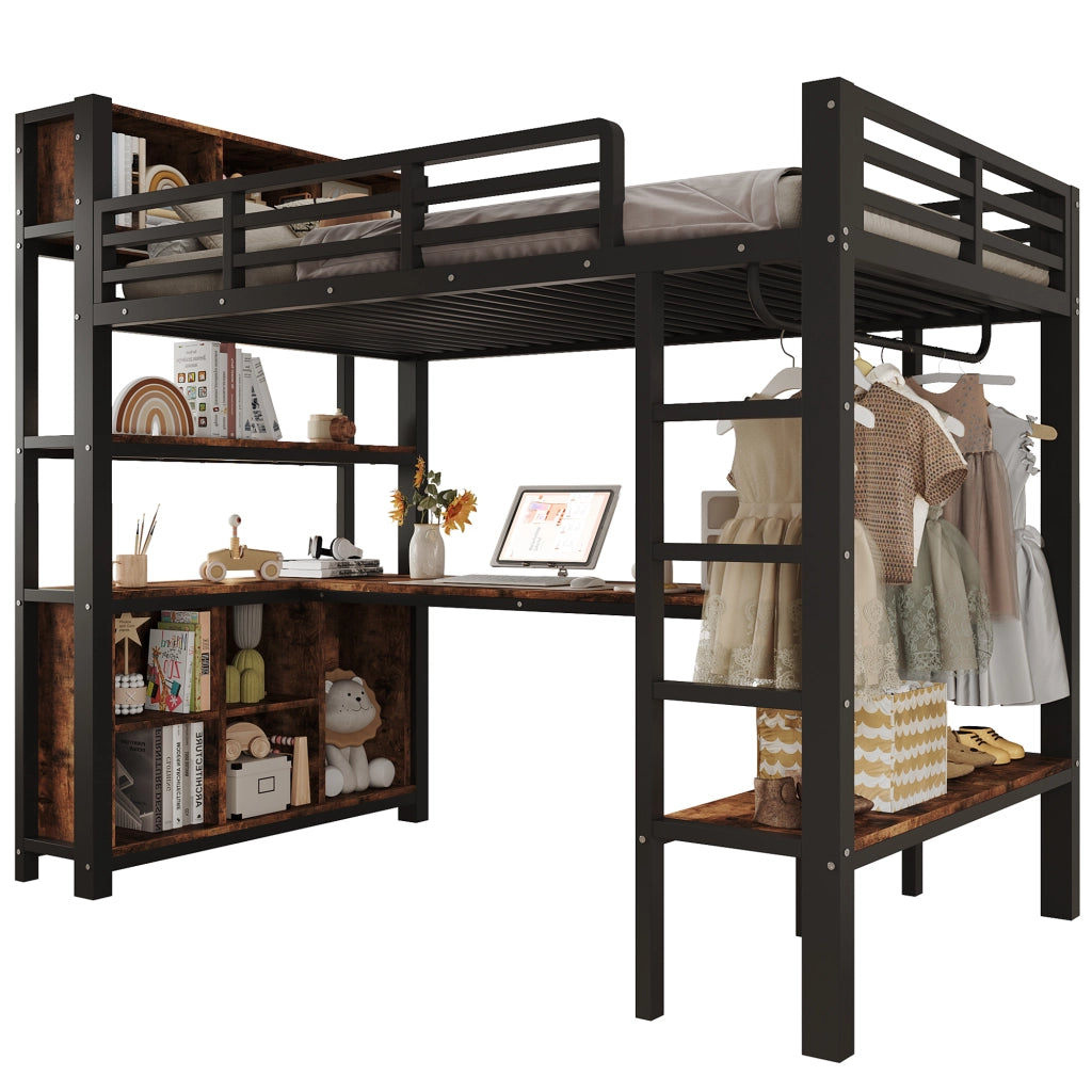 Letto a soppalco singolo 90×200 cm con scrivania; appendiabiti; ripiani e vani portaoggetti; senza materasso; nero