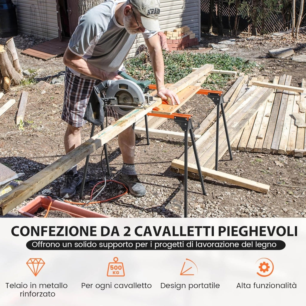 2 Cavalletti da Lavoro Pieghevoli, Cavalli da Lavoro con Gambe Apribili Rapide e Bracci di Supporto, Carico Fino a 500 kg (Modello 7)