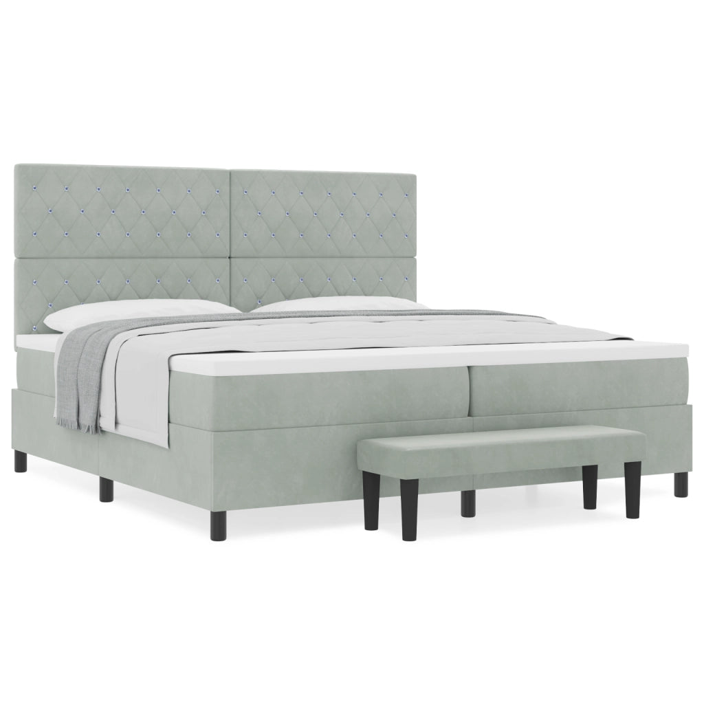 Letto Box Spring con Materasso e Panchetta Grigio Chiaro 200x200 cm in Velluto