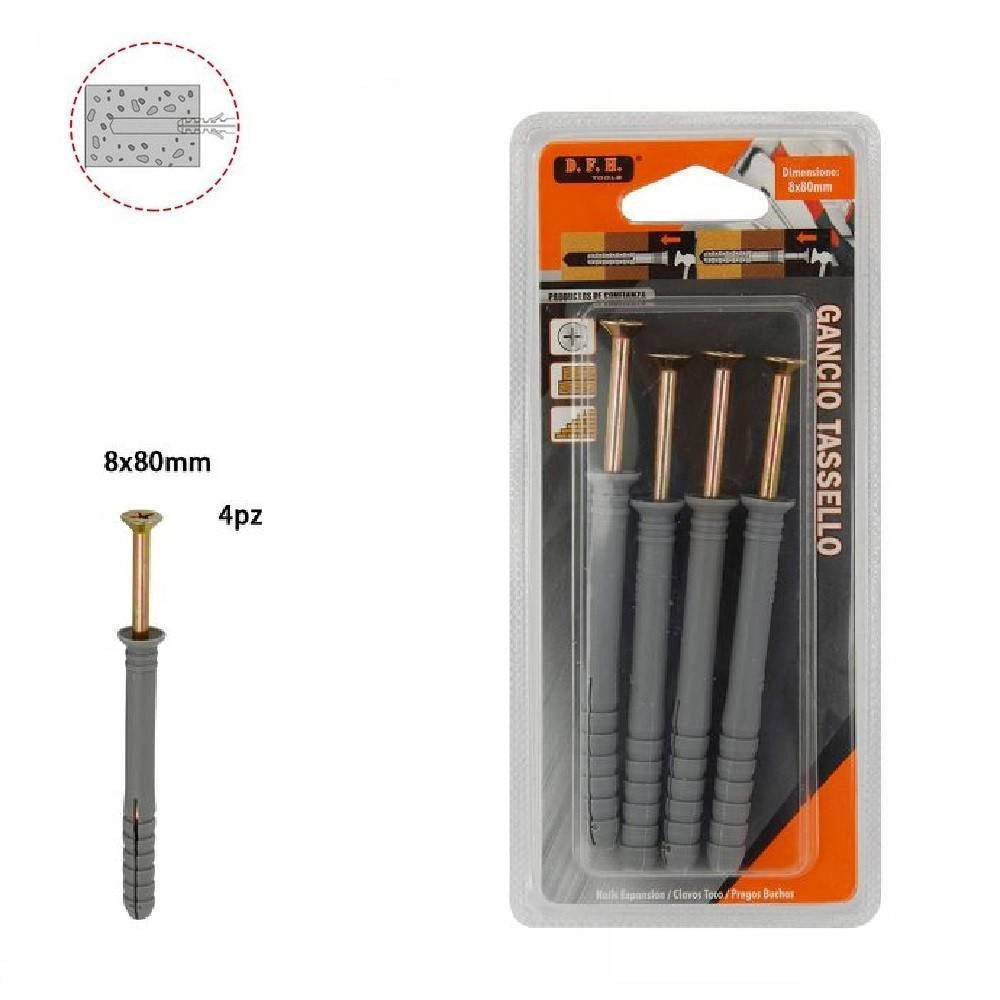 Trade Shop - Set 4pz. Tasselli Fisher Viti Vite Chiodi Gancio Tassello Misura 8 X 80 Mm 69054 -