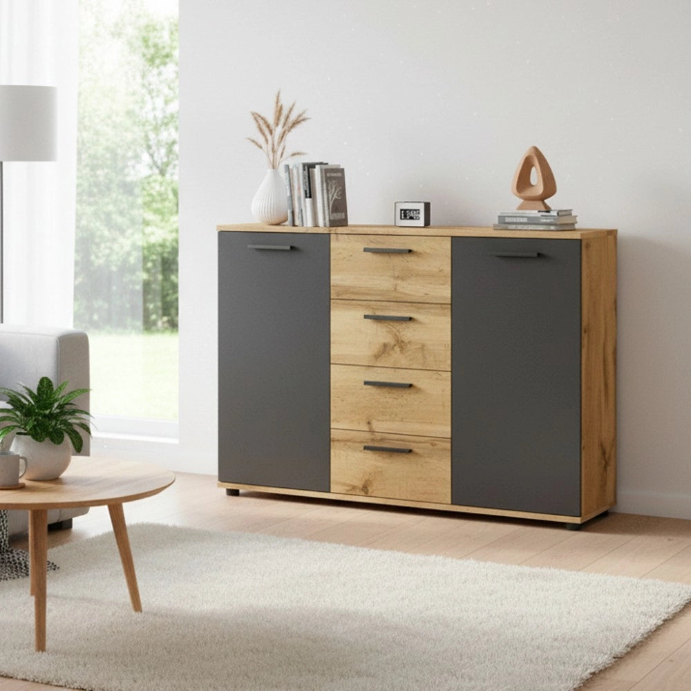 Credenza 2 ante e 4 cassetti rovere e antracite Berno4 120,2x32,5x85,3h