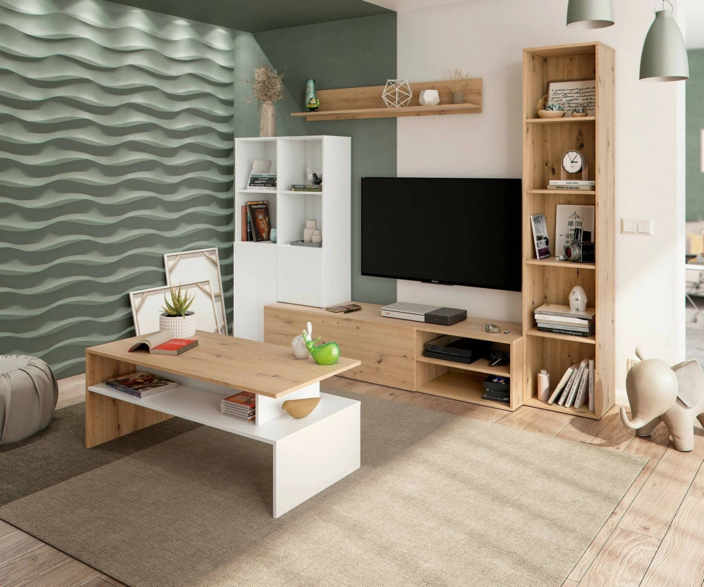 Parete attrezzata Argus, Set da soggiorno con ante e ripiani, Mobile salotto multiuso, 241x28h180 cm, Bianco e Rovere Nodi