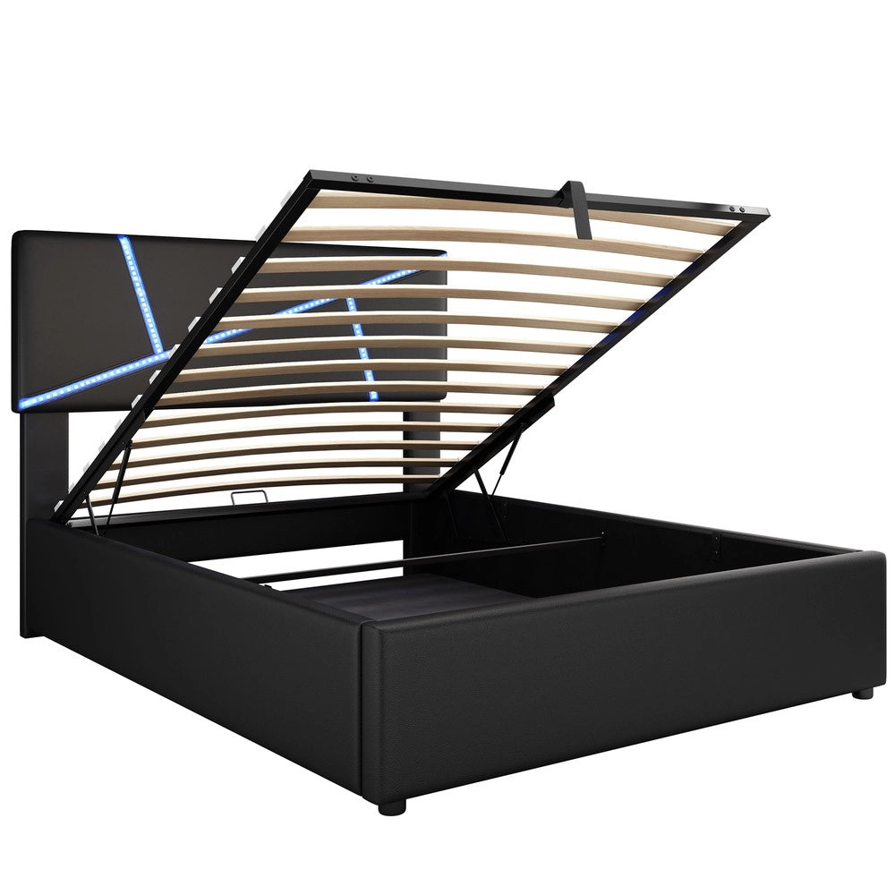 Letto Imbottito con LED ¨C MINIMAL ¨C Similpelle Nero, Contenitore Idraulico, Rete a Doghe, 90x200
