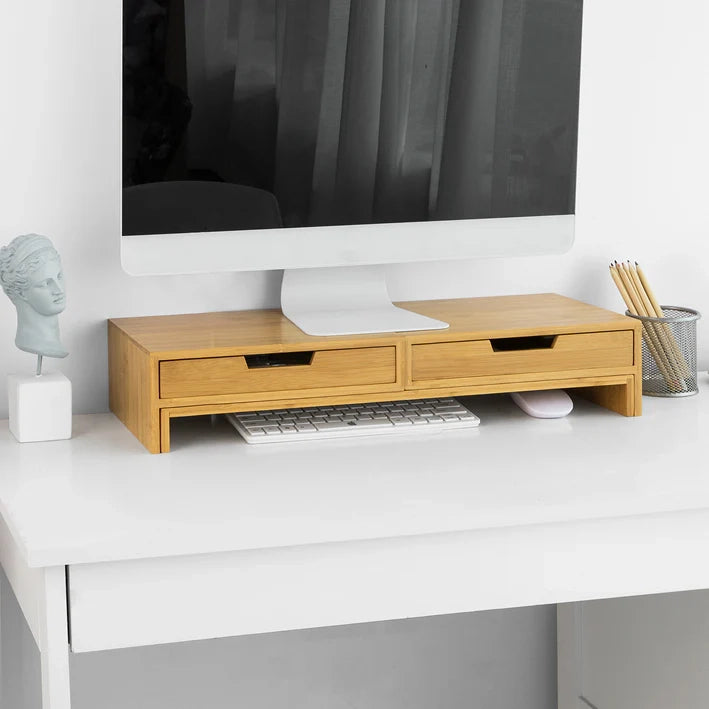 Supporto Monitor pc da scrivania per 2 Monitors Angoli Girevole con 2 cassetti e Gomma Antiscivolo in Legno massello di bambù BBF04-N