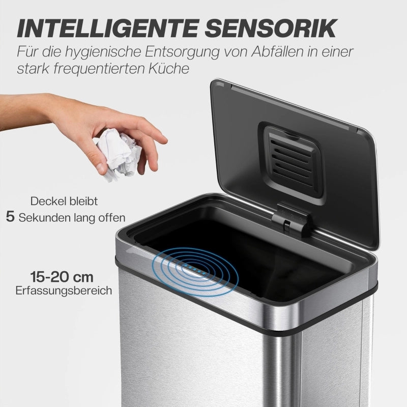 Pattumiera da 60 litri con sensore di apertura, coperchio automatico, in acciaio inox, versatile, colore argento.