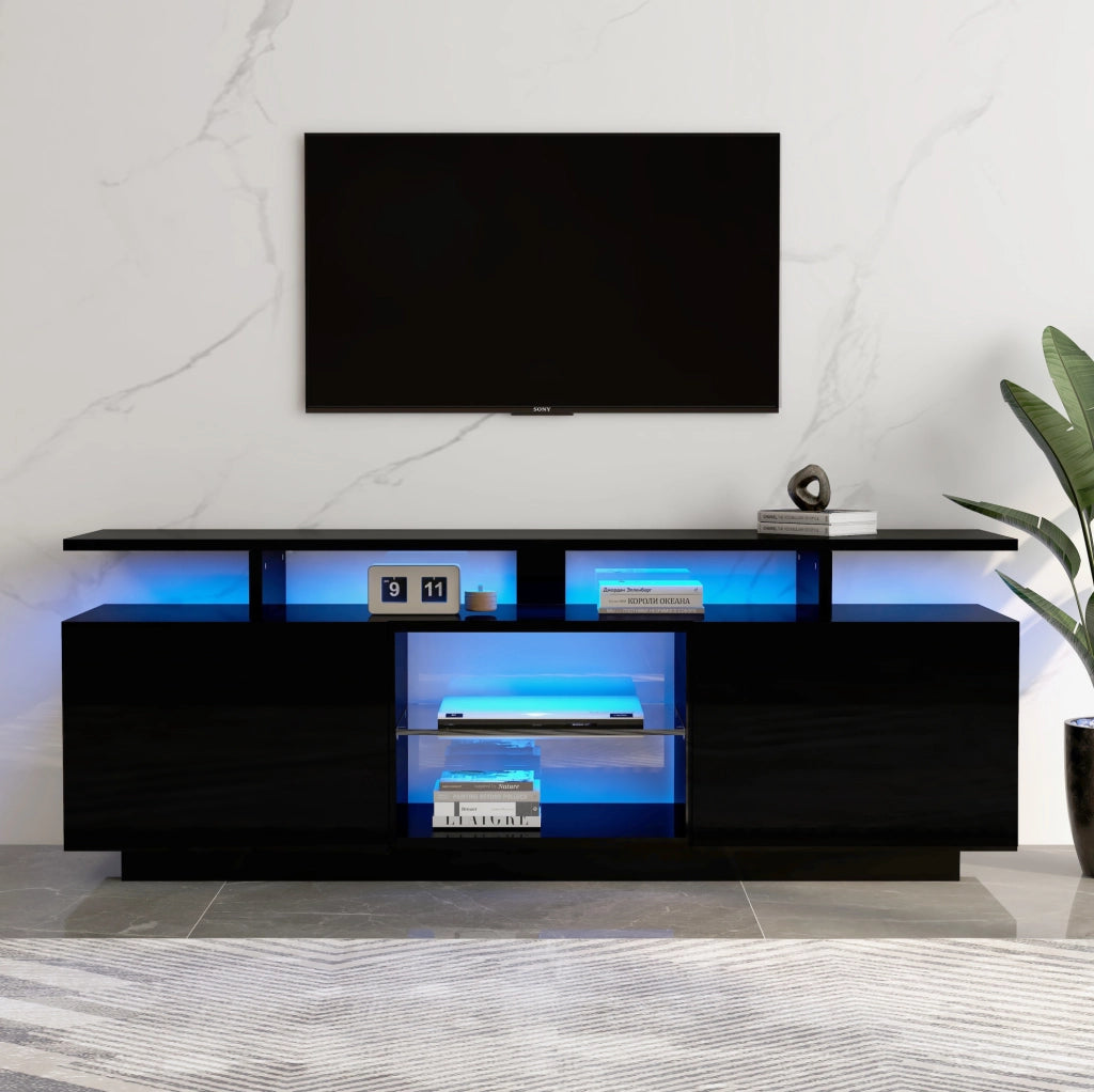 Mobile TV 140x35x55 cm con illuminazione LED controllata da app; in truciolare nero