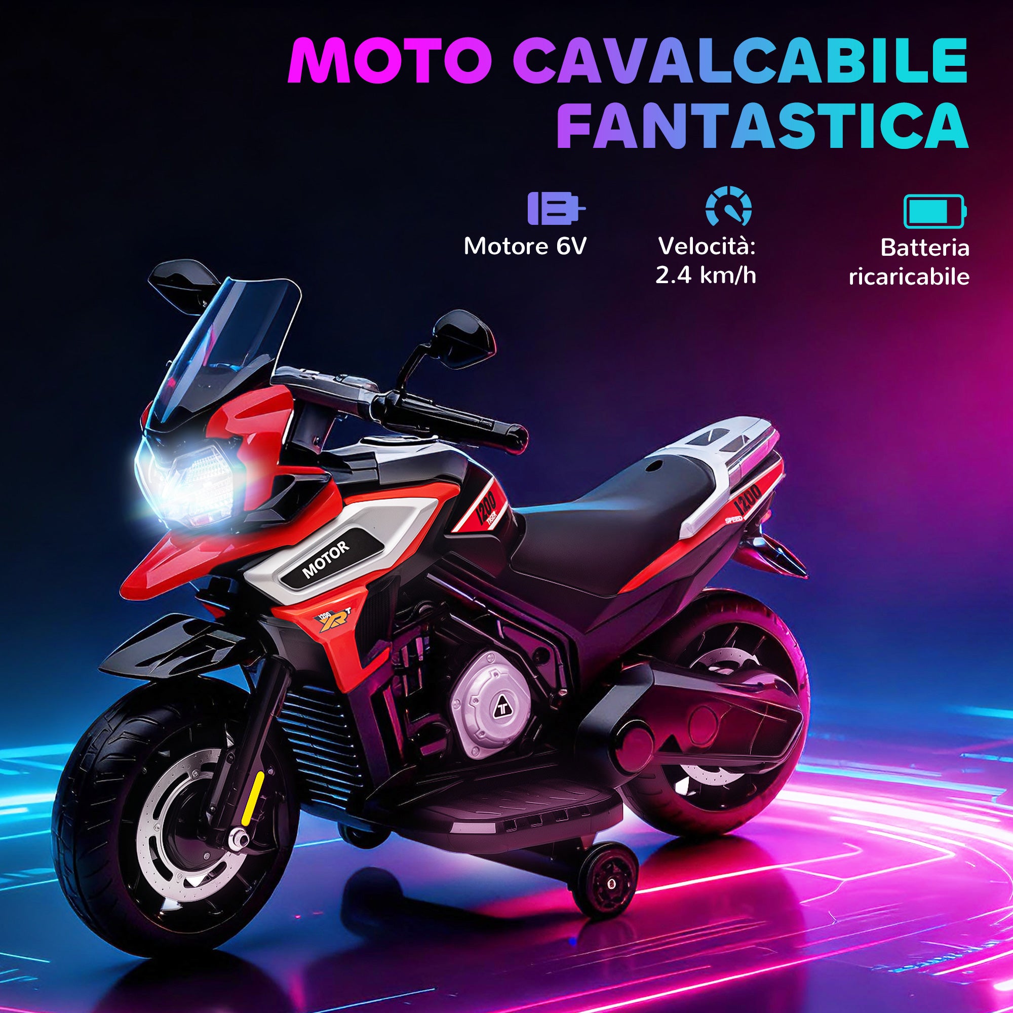 Moto Elettrica per Bambini 12V con Rotelle Specchietti e Poggiapiedi in PP e Metallo Rosso