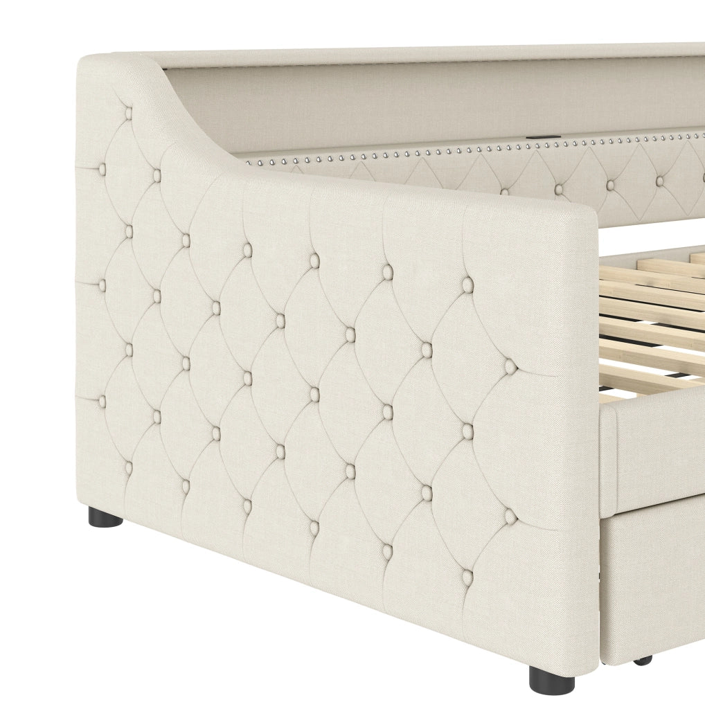 Letto da giorno 90x200 cm con LED; letto estraibile e USB in lino beige