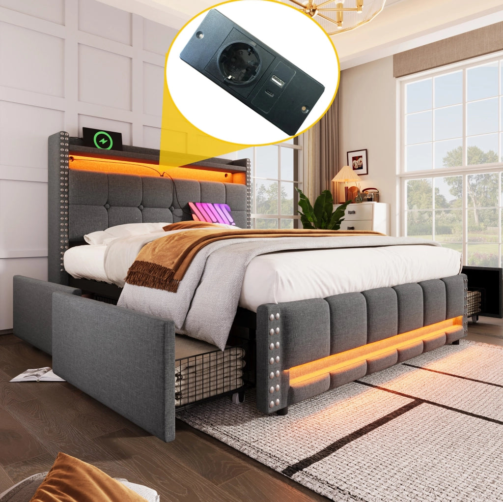 Letto imbottito 160x200 cm grigio con LED, USB, ripiani e cassetto contenitore