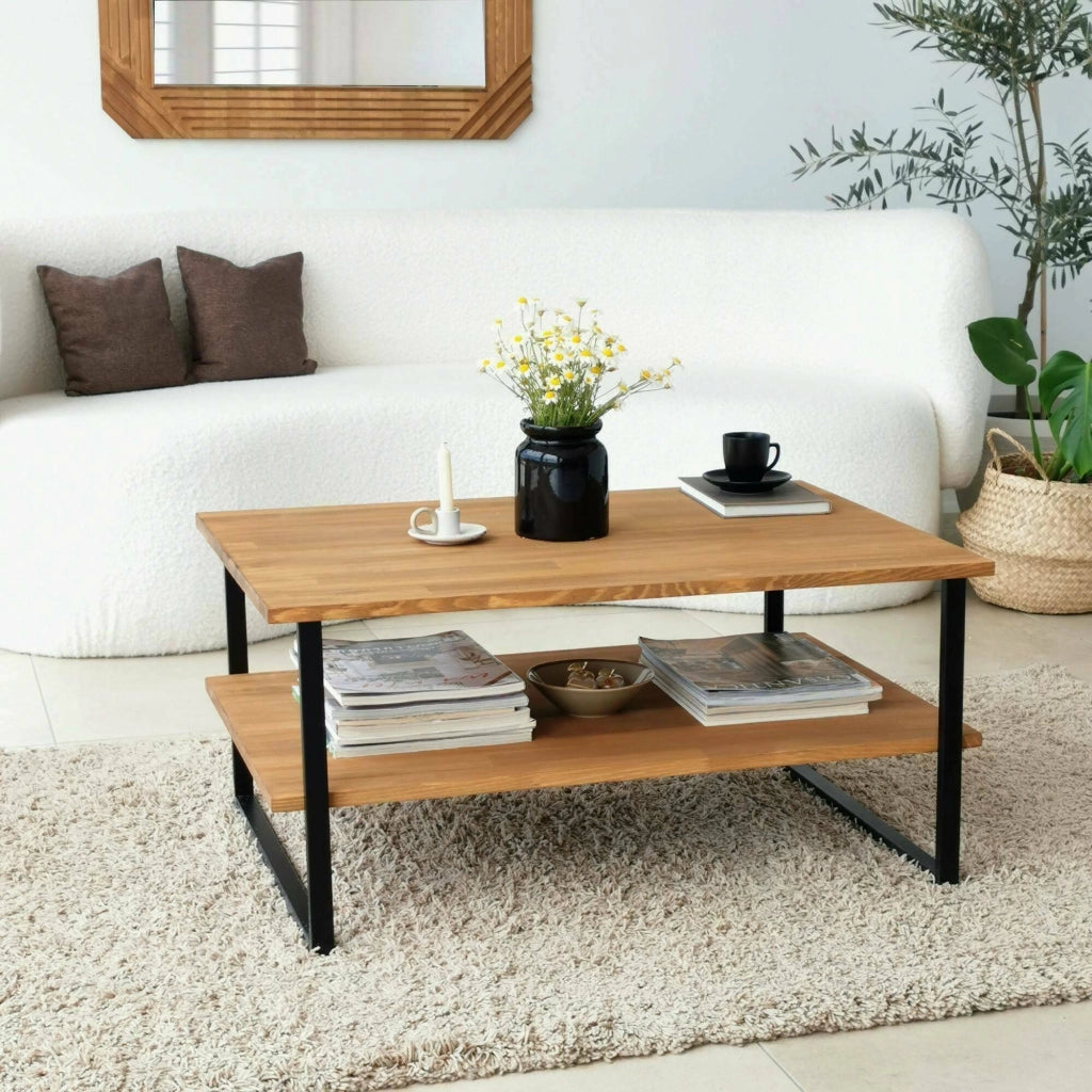Tavolino da salotto Aprica, Tavolo basso da caffè, Portariviste per divano, Ripiano da soggiorno, 85x60h40 cm, Quercia