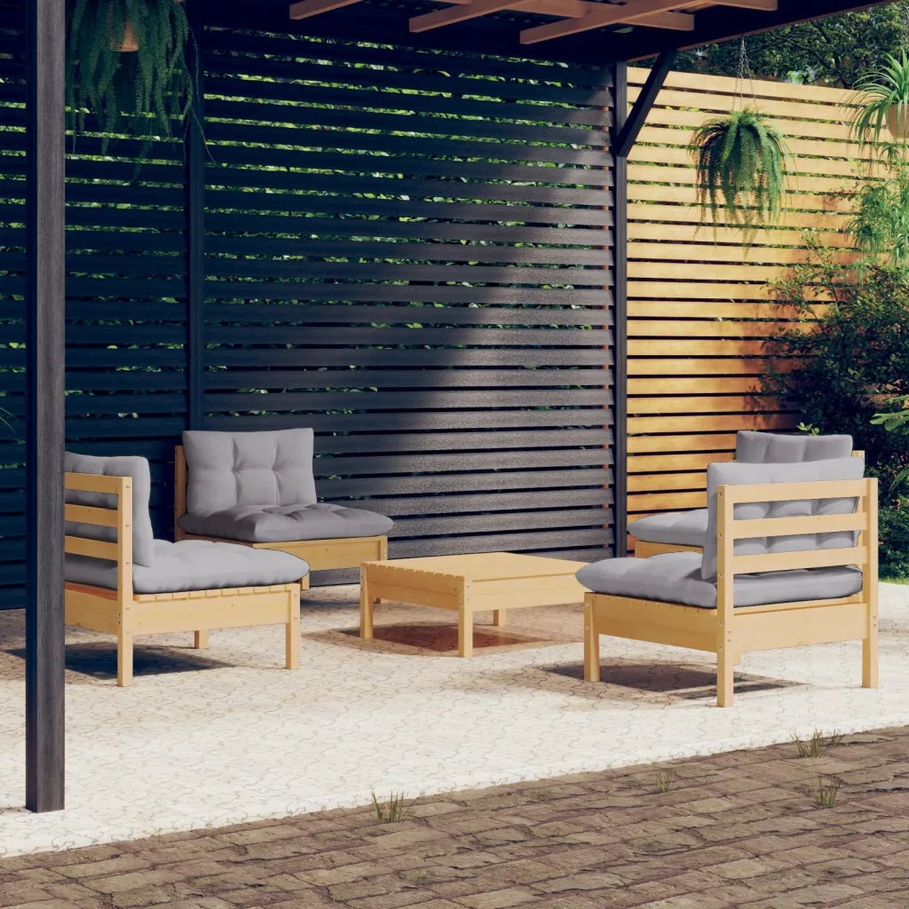 Set Divani da Giardino 5 pz con Cuscini Grigi Massello di Pino cod mxl 38633