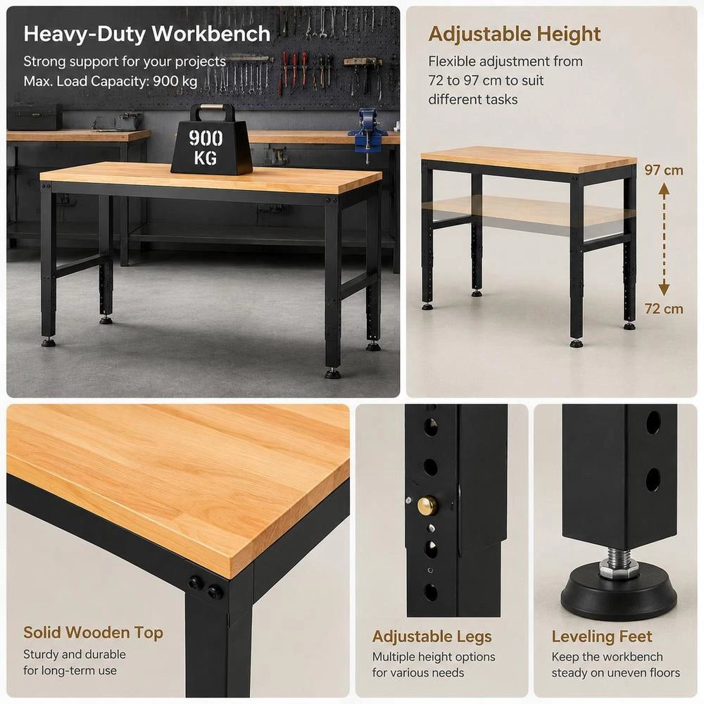 Height-adjustable Workbench 122 X 61 X 72 - 97 Cm Clamping Table, 900 Kg Weight Capacity Work Table, Brown. Folding Tool Bench Made Of Cold-rolled Steel, Multifunctional Work Table For Workshop.