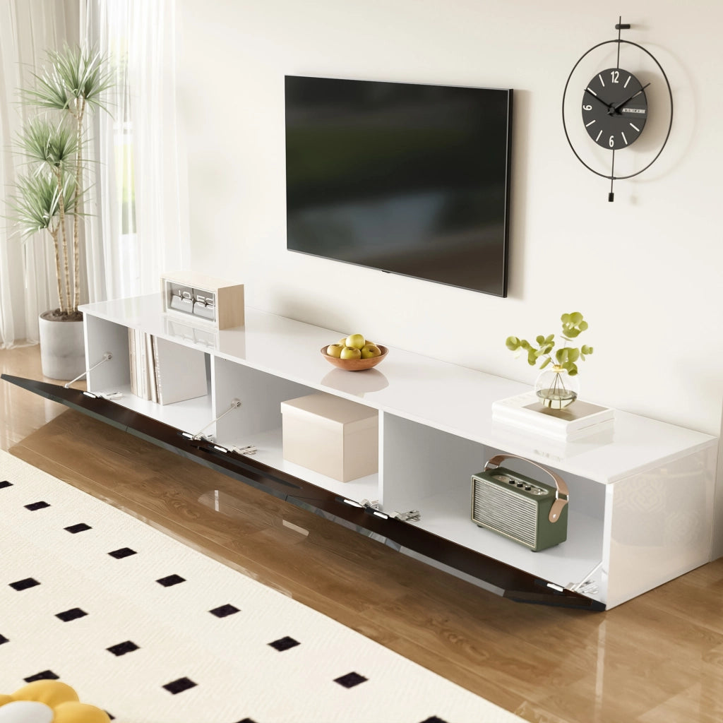 OKWISH Mobile TV con 3 Ante e LED, Montaggio a Parete o a Pavimento, per Soggiorno, MDF, Nero e Bianco, 180×35×30 cm