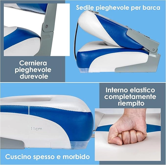 Set di 2 Sedie da Barca, Sedie per Barca Con Schienale Basso, Sedia Pieghevole, con Schiuma Spessa, Cinghia di Fissaggio, 50 x 42 x 52 cm (Blu+Bianco)