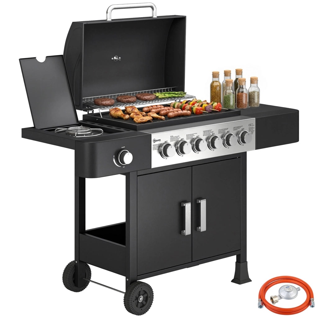 Barbecue a Gas 6+1 Bruciatori 17,8 KW ¨C Xylo ¨C Acciaio Inox con Ruote Termometro Griglia Smaltata